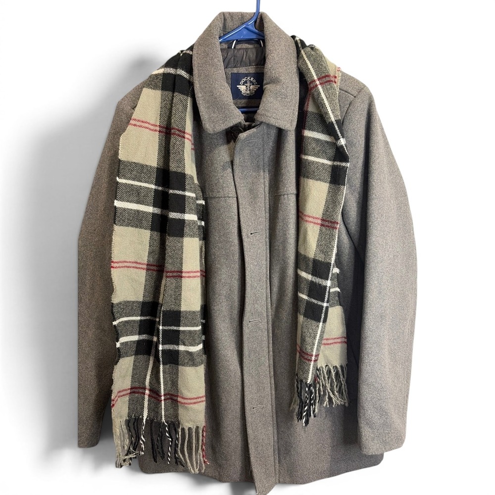 Dockers Mens Gray Wool Blend Car Coat with Plaid Scarf Set DM2KP357 Size M
